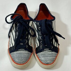 Tory Burch Millie White & Blue Leather Snakeskin Striped Sneakers Size 7M